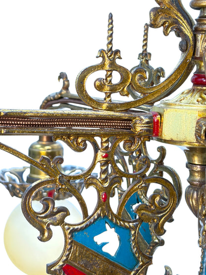 Cast Brass Semi Flush Ceiling Light with Red and Blue Embellishments Circa 1915 #2623