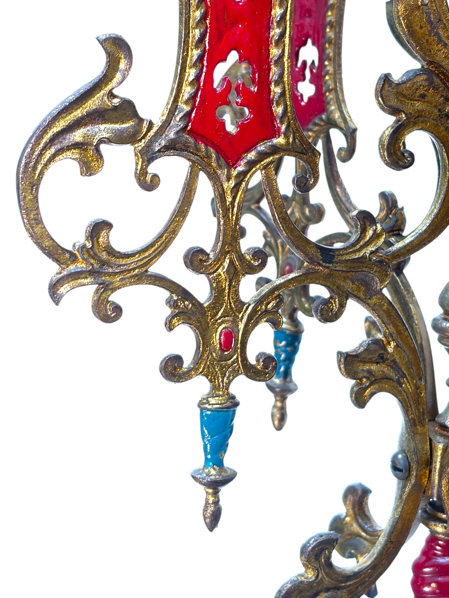 Cast Brass Semi Flush Ceiling Light with Red and Blue Embellishments Circa 1915 #2623
