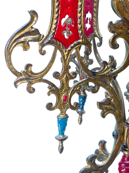 Cast Brass Semi Flush Ceiling Light with Red and Blue Embellishments Circa 1915 #2623