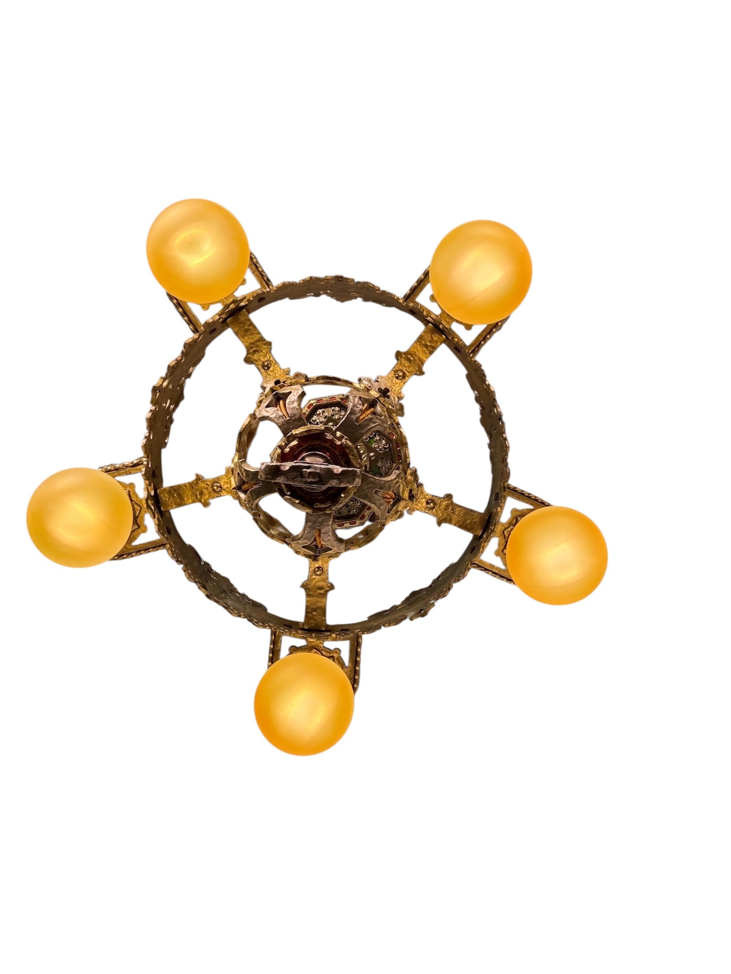 Spanish Revival Semi Flush Chandelier with Original Polychrome Finish from the 1920s #2642