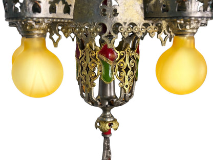 Spanish Revival Semi Flush Chandelier with Original Polychrome Finish from the 1920s #2642