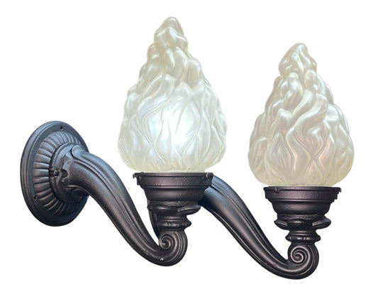 1910s Curved Arm Exterior Sconces with Antique Flame Shades #2552