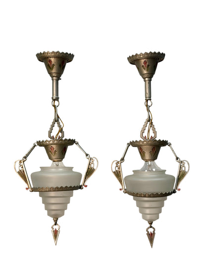 1 of 2 Art Deco Pendant Gill “Modernique” with Frosted Shade #2069