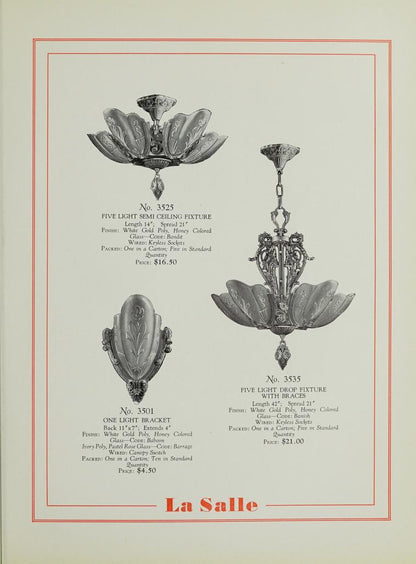 Art Deco Pink Slip Shade 5 Light Pendant Chandelier  Markel "La Salle" Line #2587