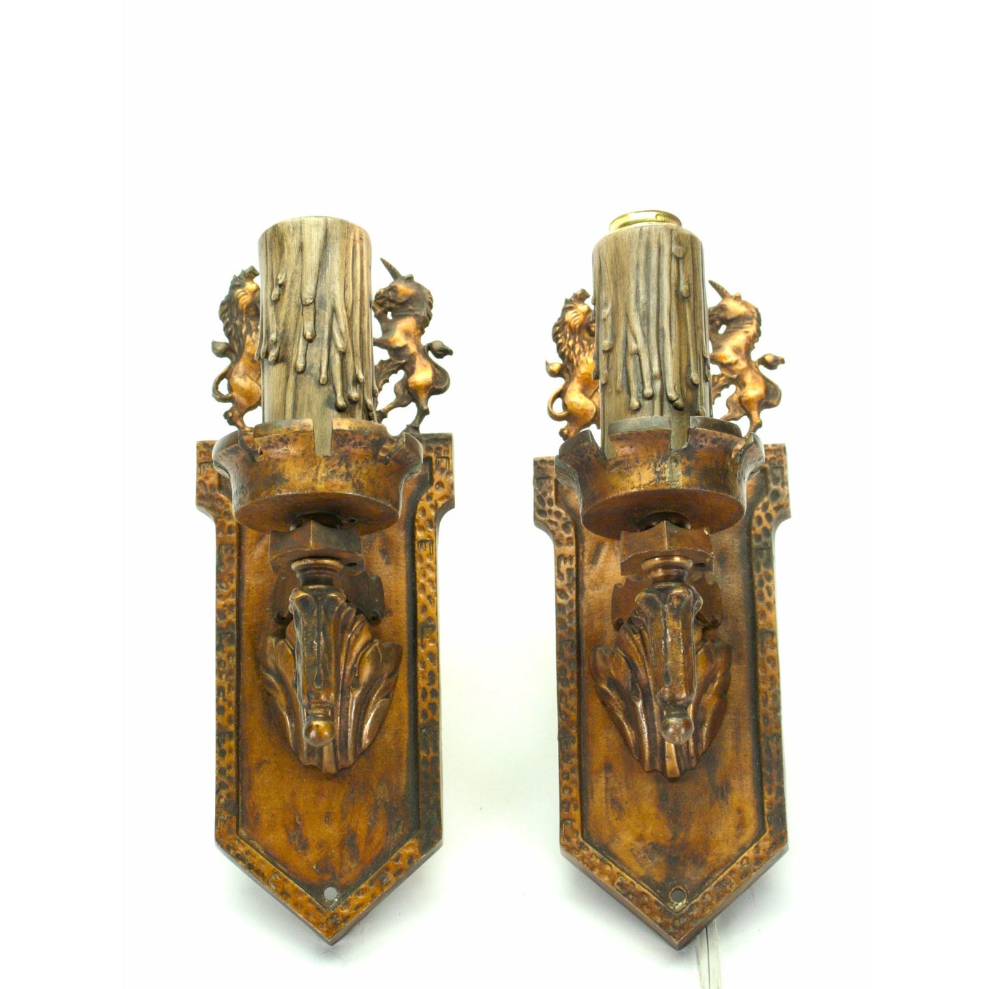 Pair of 1920s Tudor Sconces with Unicorns in Painted Bronze with Original Finish #2077