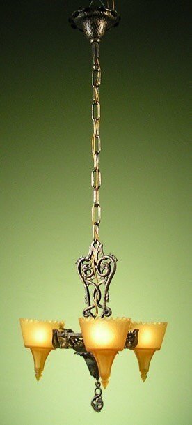Vintage 1930s Art Deco Slip Shade Pendant Chandelier by Frankelite with Original Finish and New Wiring.   Arrives Ready to Install!