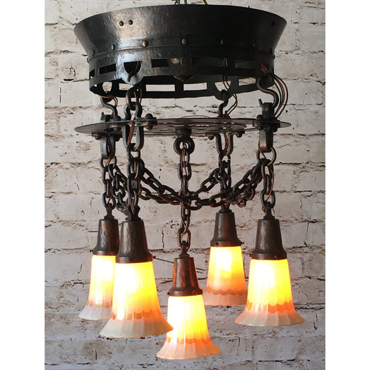 Arts and Crafts Hammered Chandelier with Quezal Shades