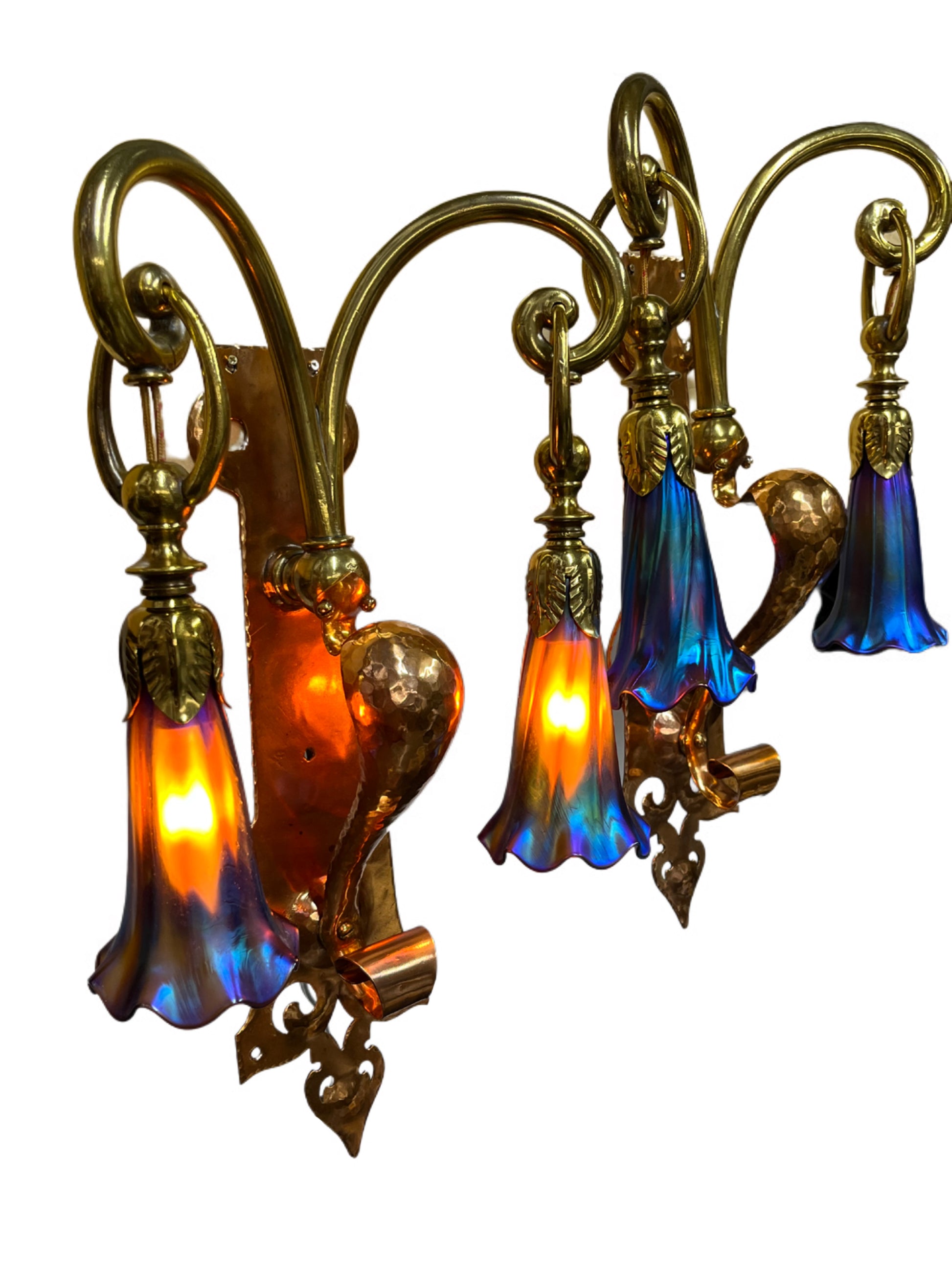 pair hammered sconces with peacock blue lily shades