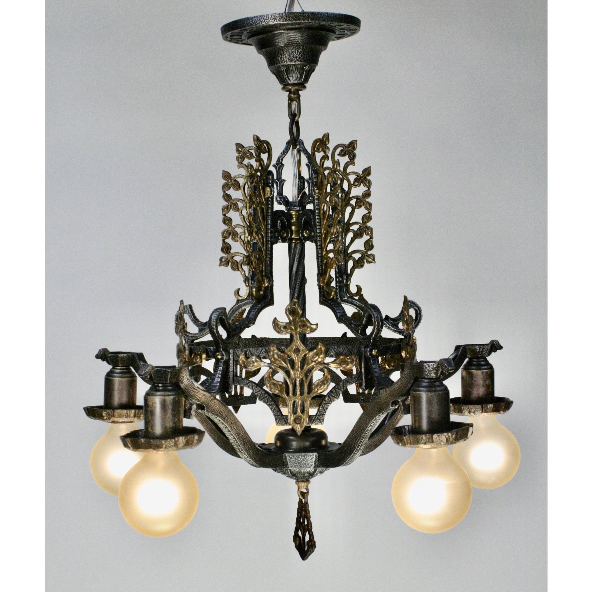 Hammered 1920s Chandelier with Brass Accent Overlays