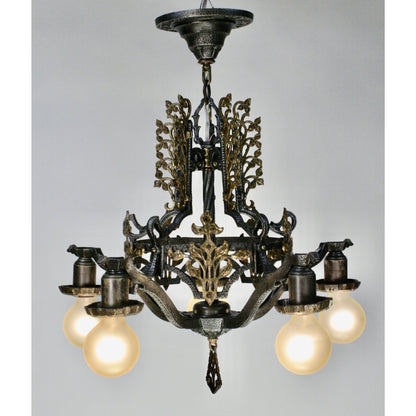Hammered 1920s Chandelier with Brass Accent Overlays