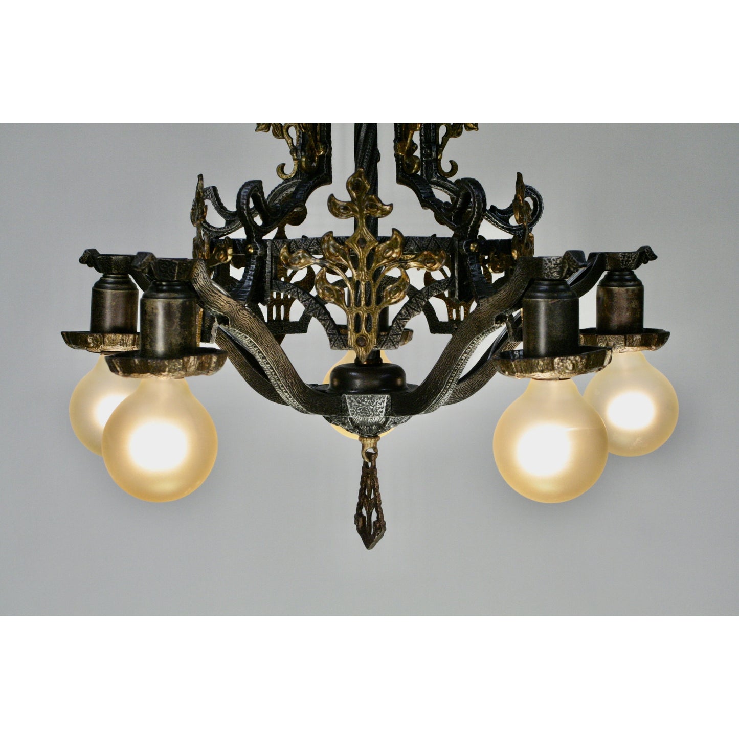 xHammered 1920s Chandelier with Brass Accent Overlays