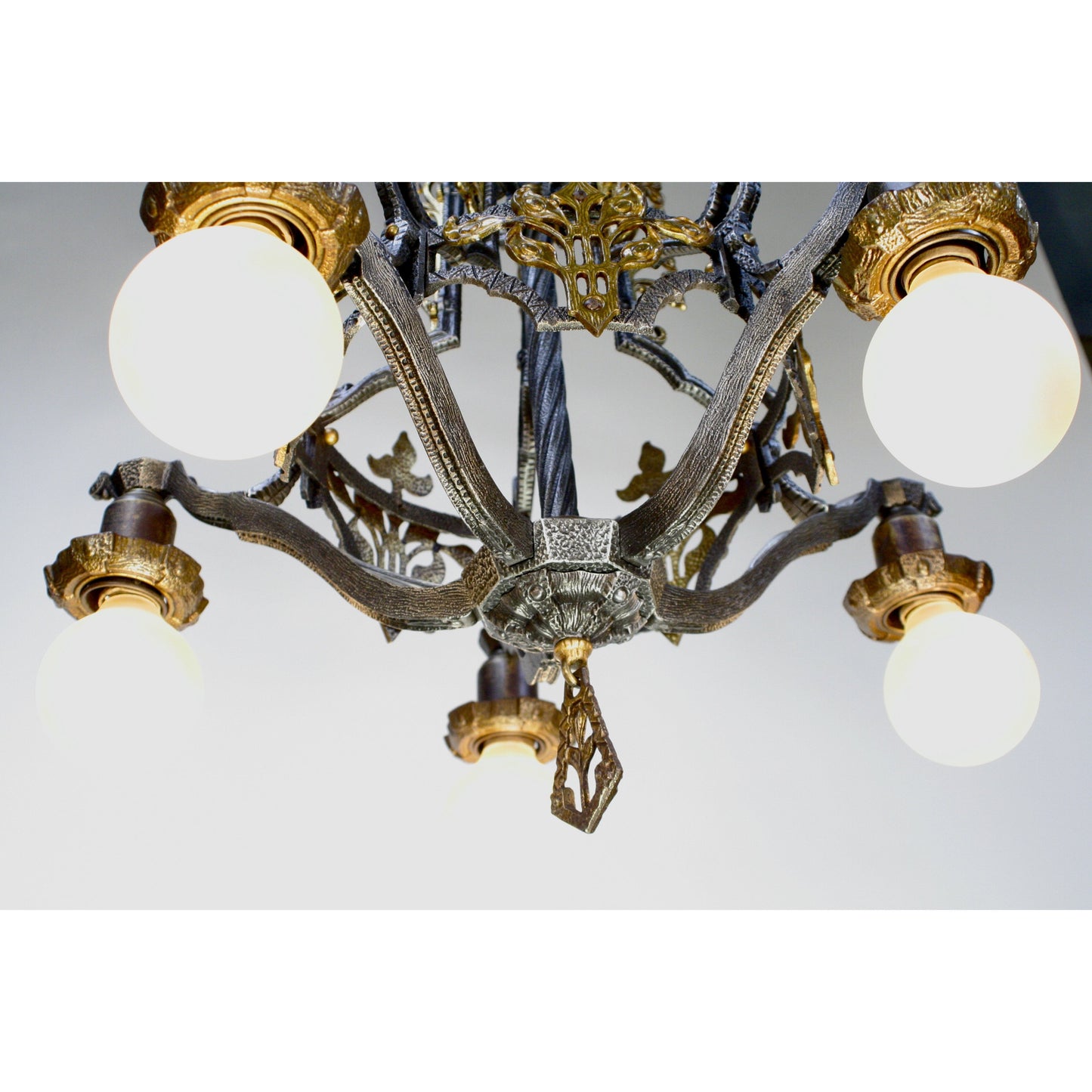 Hammered 1920s Chandelier with Brass Accent Overlays