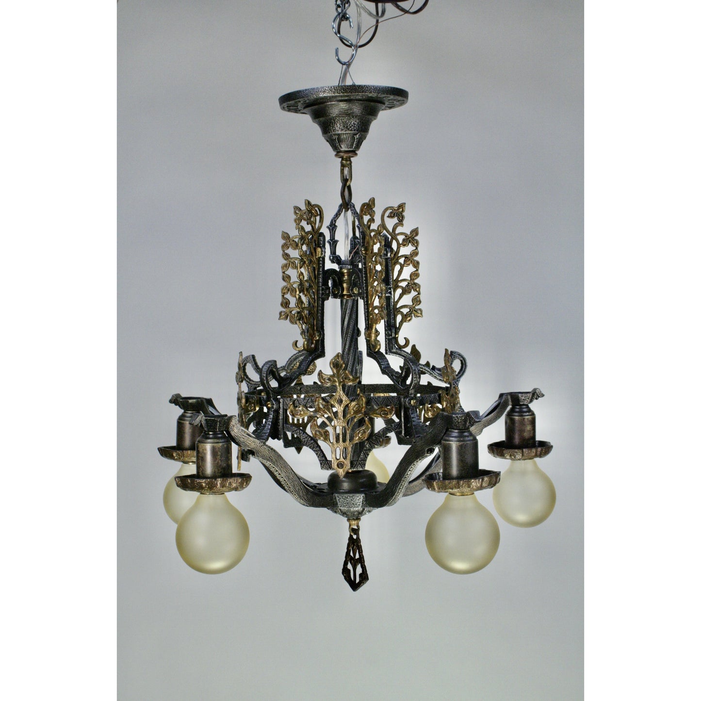 #2070 Markel Bare Bulb Hammered Brass Embellishments Dining Chandelier