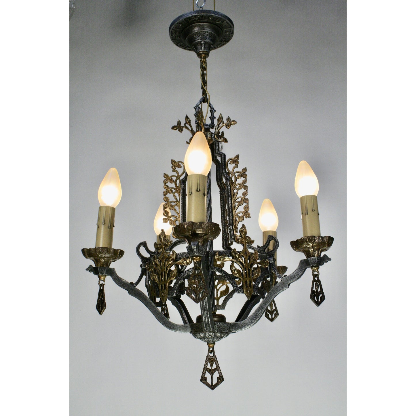 #2071  Living Room Hammered Chandelier with Brass Embellishments