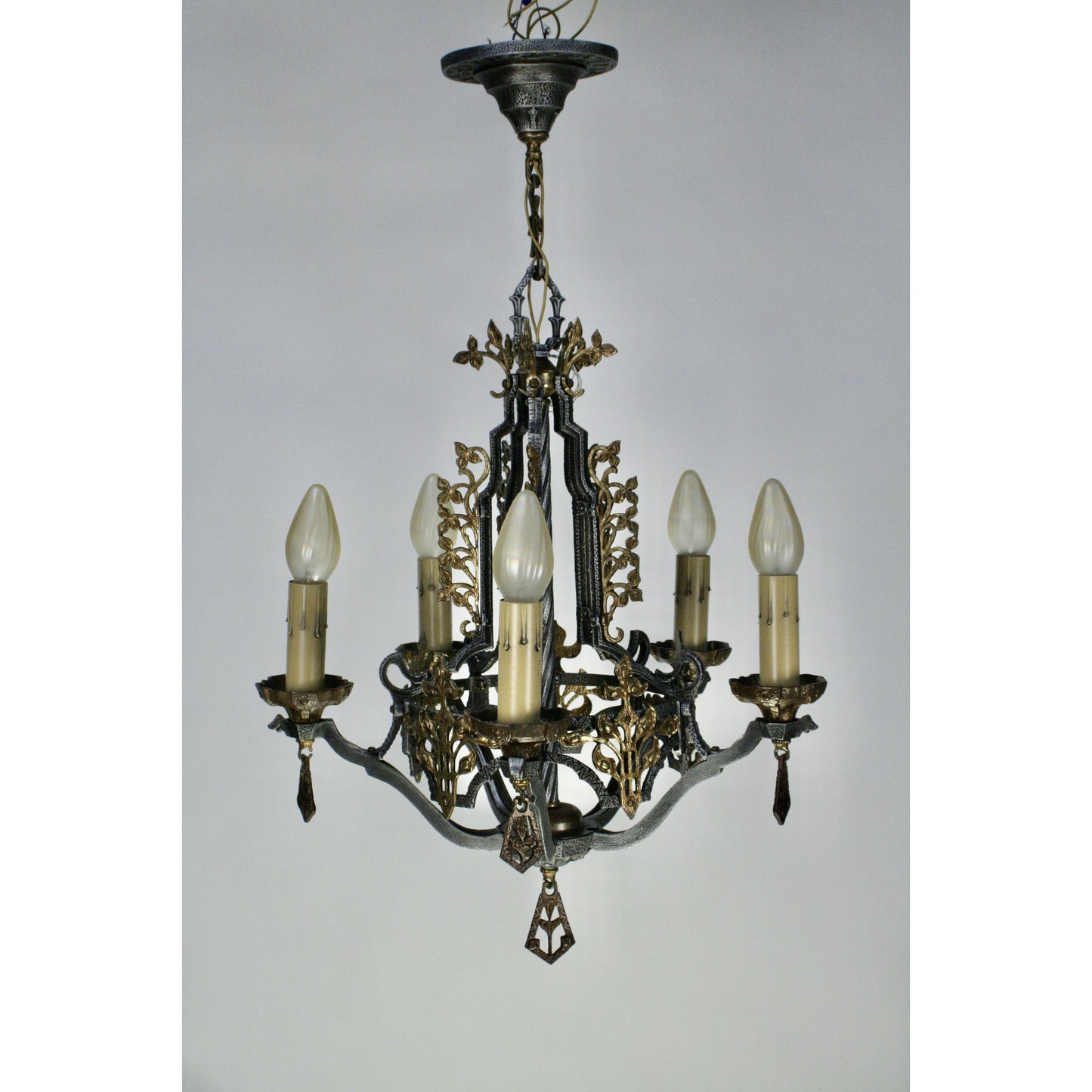 #2071  Living Room Hammered Chandelier with Brass Embellishments