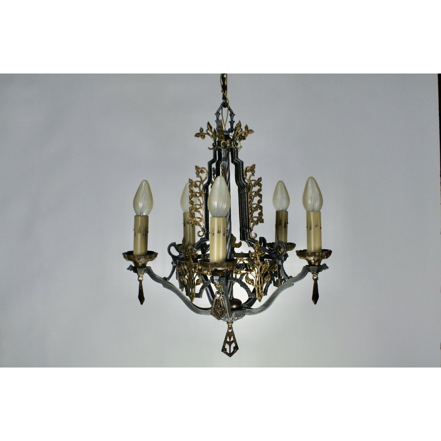 #2071  Living Room Hammered Chandelier with Brass Embellishments