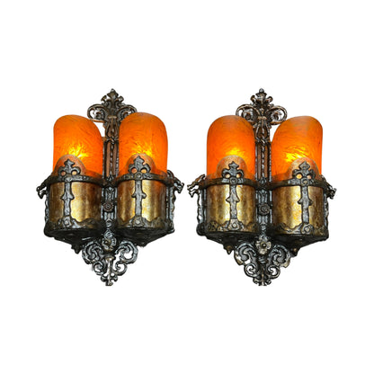 Pair Spanish Revival Sconces with Bakelite and Mica Shades