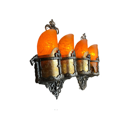 Pair Spanish Revival Sconces with Bakelite and Mica Shades