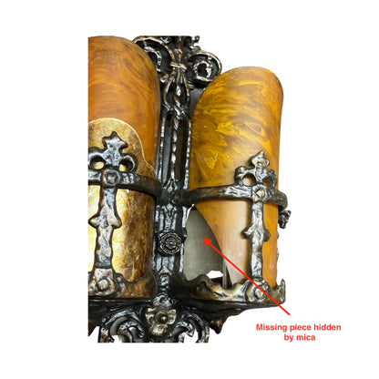 Pair Spanish Revival Sconces with Bakelite and Mica Shades