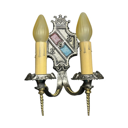 Pair Silver Gold Red and Blue 1920s Sconces