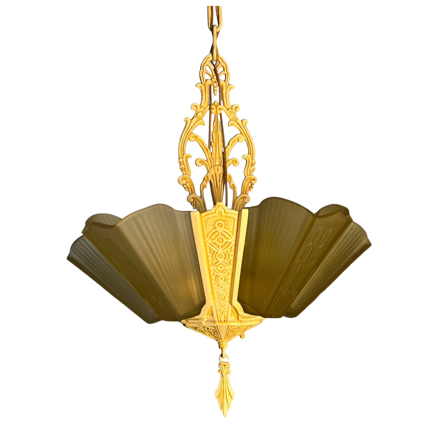 1930s chandelier  with Amber shades and Fountain Pattern