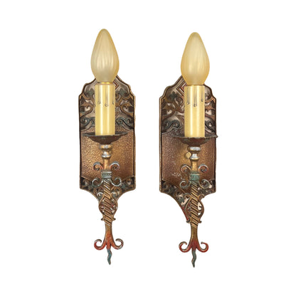Pair Single Spanish Revival Sconces with Original Finish