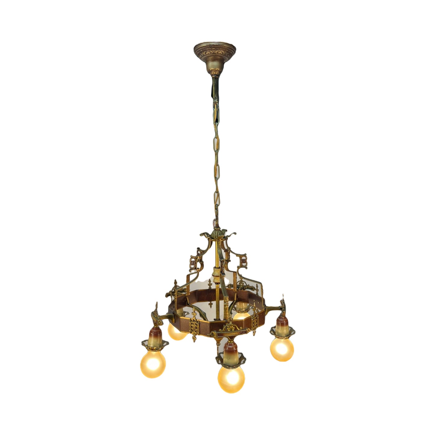 Beautiful Cast Brass Bare Bulb Chandelier from the 1920s #2372