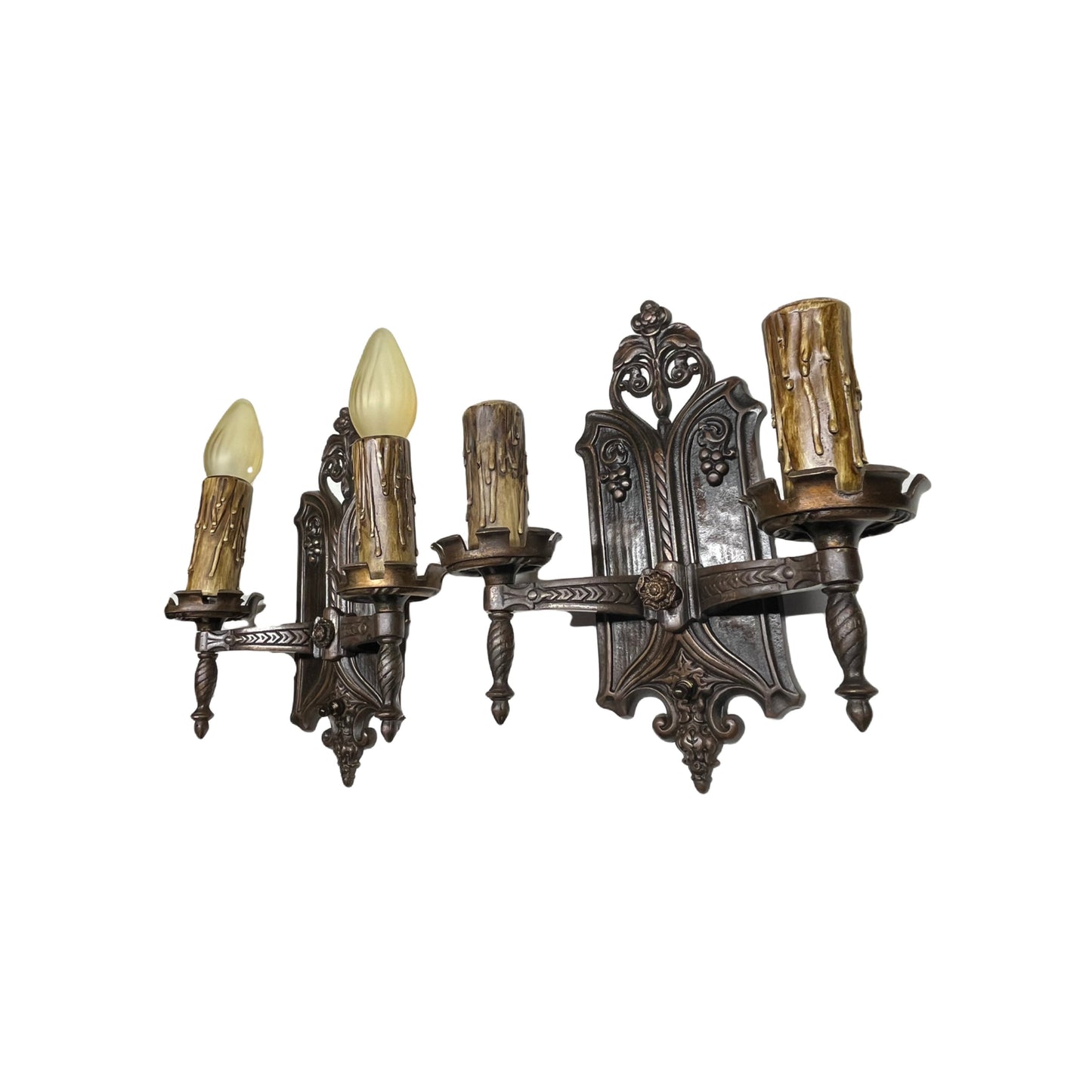 Tudor Style Cast Bronze Double Light Wall Sconces with Revived Original Finish #2379