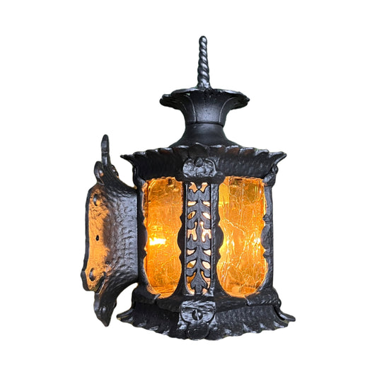 Spanish Revival Exterior Light with Amber Crackle glass